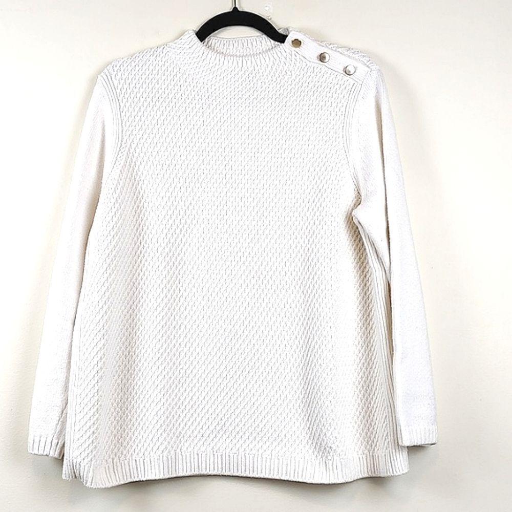 Talbot's Ivory Mixed Knit Gold Button Funnel Neck Sweater Top Size PL